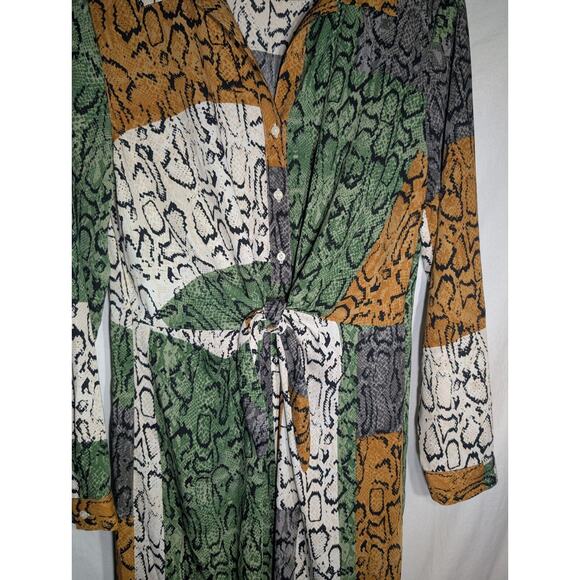 Nine West Womens Snake Print Dress L Animal Print Exotic Tie Waist Button Front - Picture 3 of 8